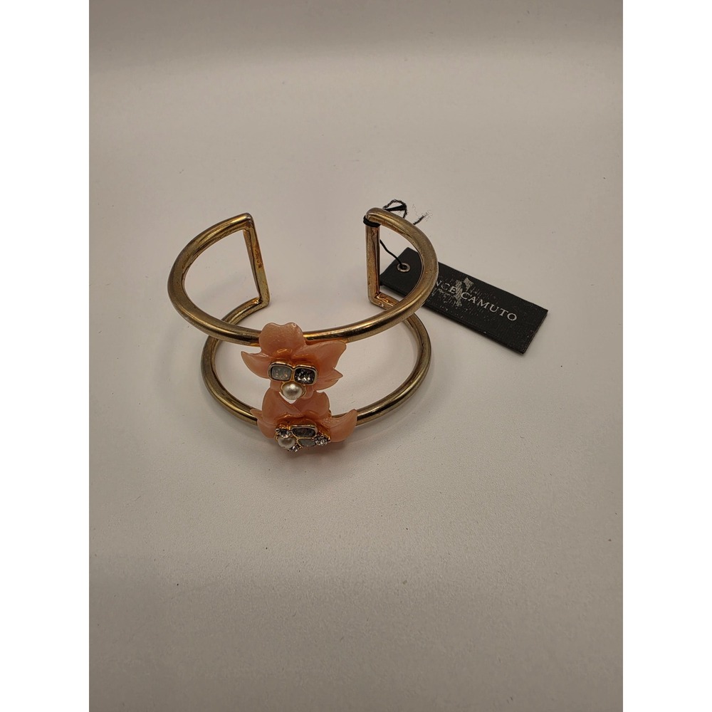 Vince Camuto Gold Tone Double Bar Cuff Bracelet Peach Resin Flower Pearl Crystal
